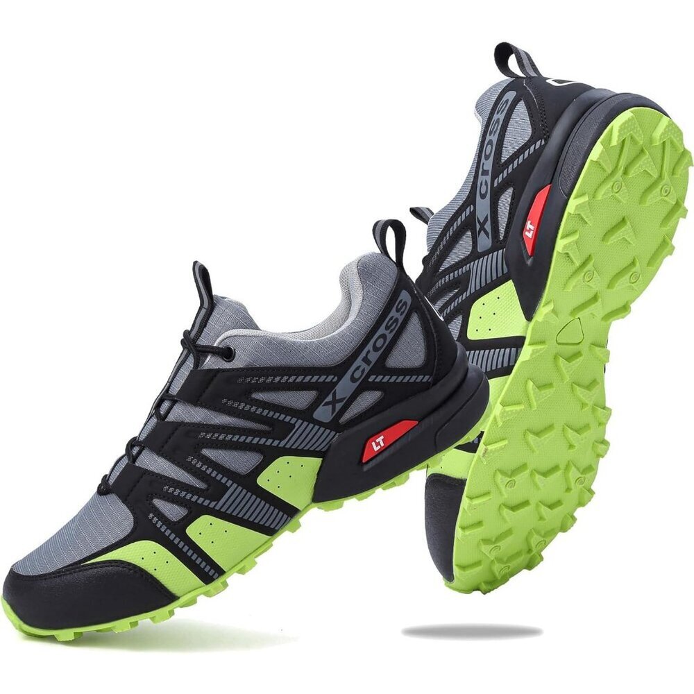 Men's Grey Green Trail Running Trekking Sports Lightweight Breathable Sneakers.